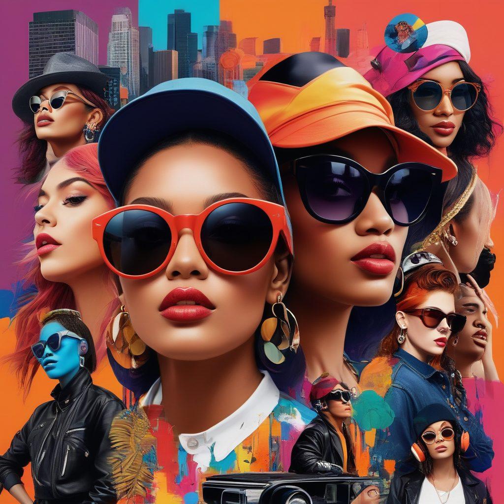A dynamic collage depicting diverse individuals showcasing their unique personal styles inspired by pop culture. Include elements such as fashion accessories, music, and art symbols that represent modern relationships. Use a vibrant color palette to symbolize the energy of personal expression and connection. The background can subtly blend cityscapes and natural elements for contrast. vector art. vibrant colors.