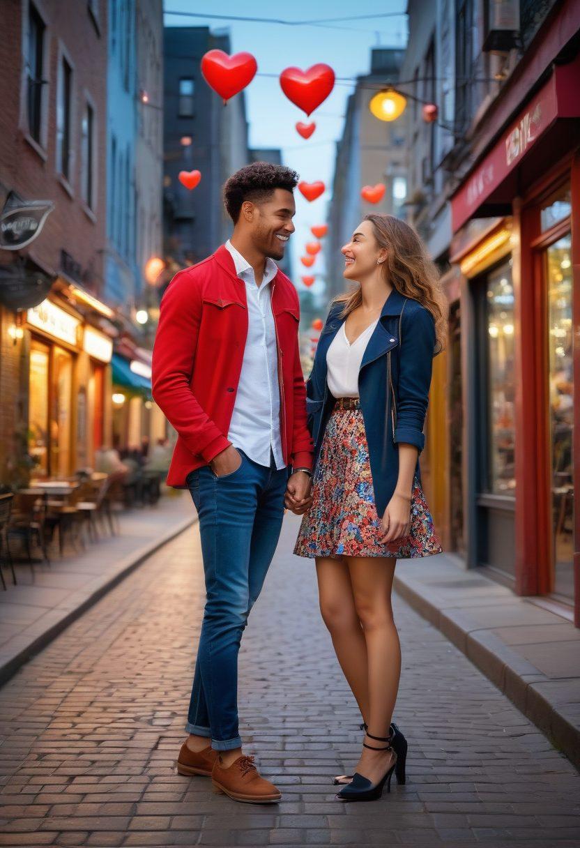 A stylish couple on a fashionable urban street, embracing modern love, with chic outfits that reflect the latest dating trends. Include elements like a trendy café, vibrant city lights, and playful interactions to convey social connections. Surround them with symbols of love, like hearts and playful doodles. The atmosphere should be lively and romantic, showcasing stylish accessories and vibrant colors. super-realistic. vibrant colors. urban setting.