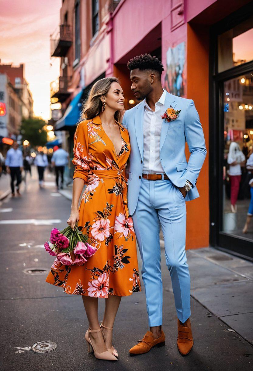 A stylish couple on a chic date in an urban setting, surrounded by trendy clothing boutiques and vibrant street art. The woman wears a contemporary outfit with bold patterns while the man sports the latest fashion trends. Include symbols of romance like a bouquet of flowers and a sunset background. Capture the essence of modern love and fashion influence in a playful yet elegant manner. super-realistic. vibrant colors. urban style.